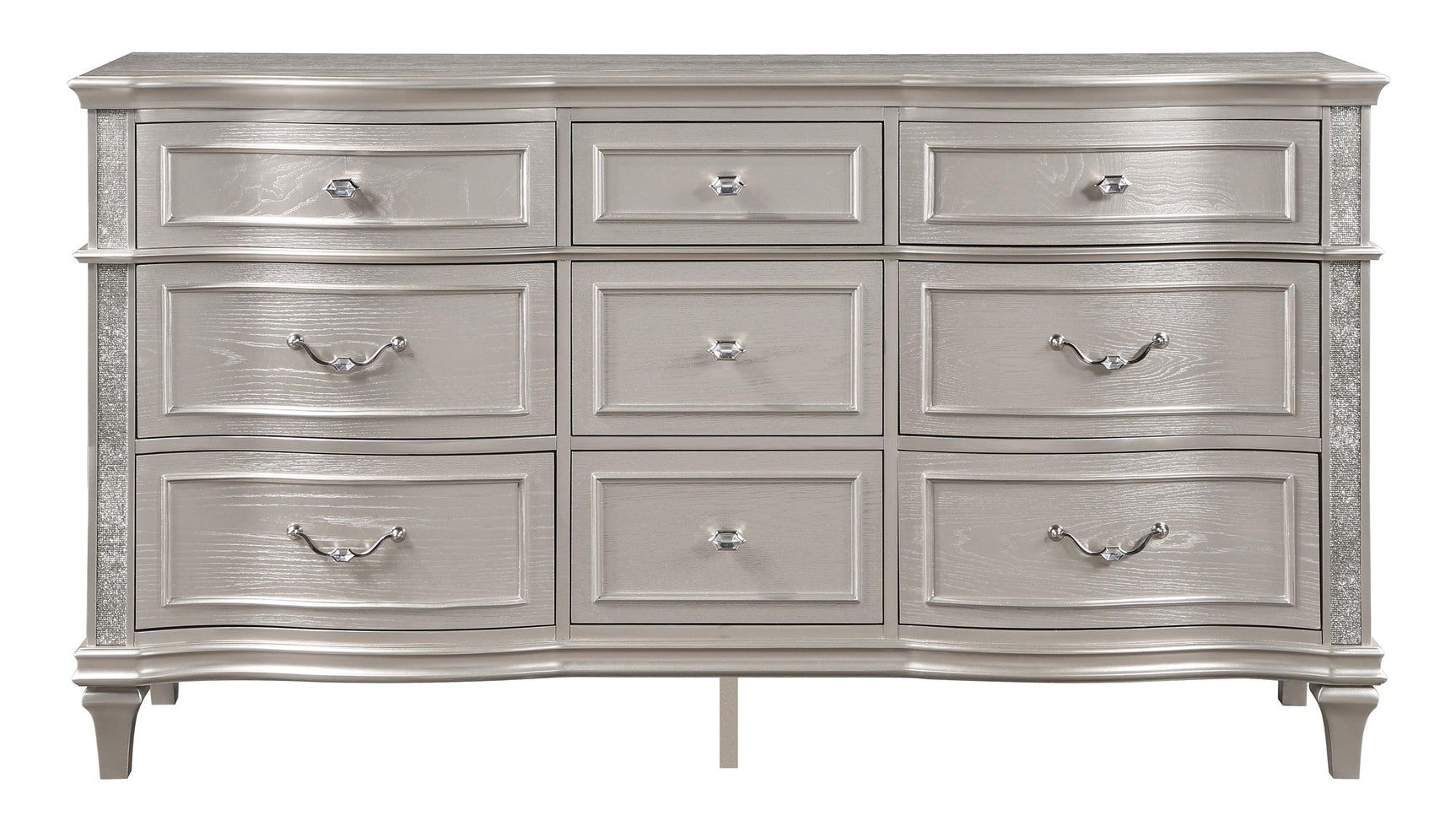 Evangeline dresser top drawer showing grey felt lining and jewelry tray