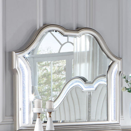 Evangeline dresser mirror angled view showing silver oak frame