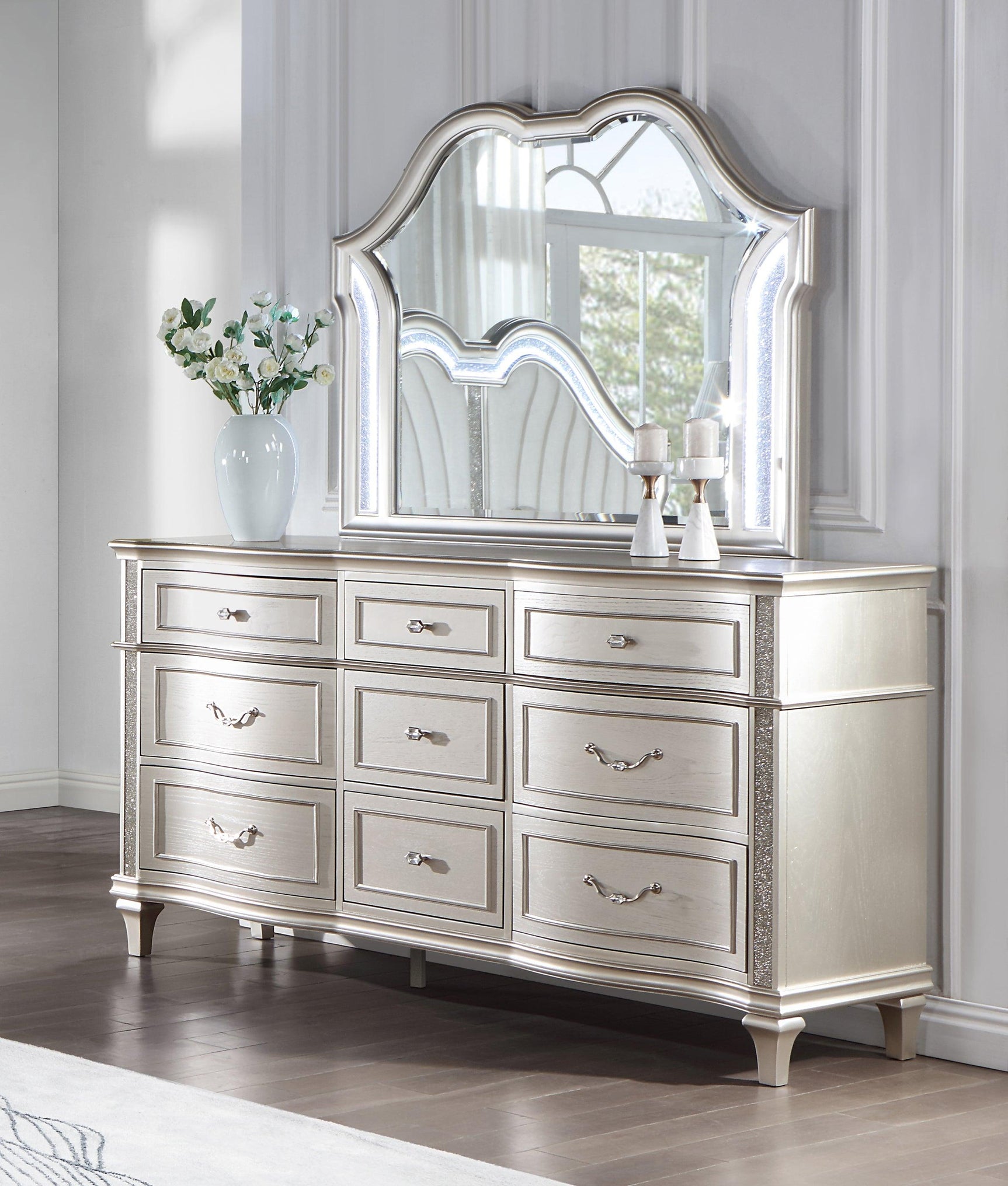 Evangeline Camel Top Dresser Mirror Silver Oak - Ella Furniture