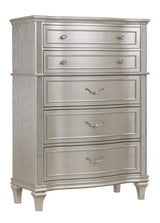 Close-up of silver oak finish and hexagon hardware on Evangeline chest