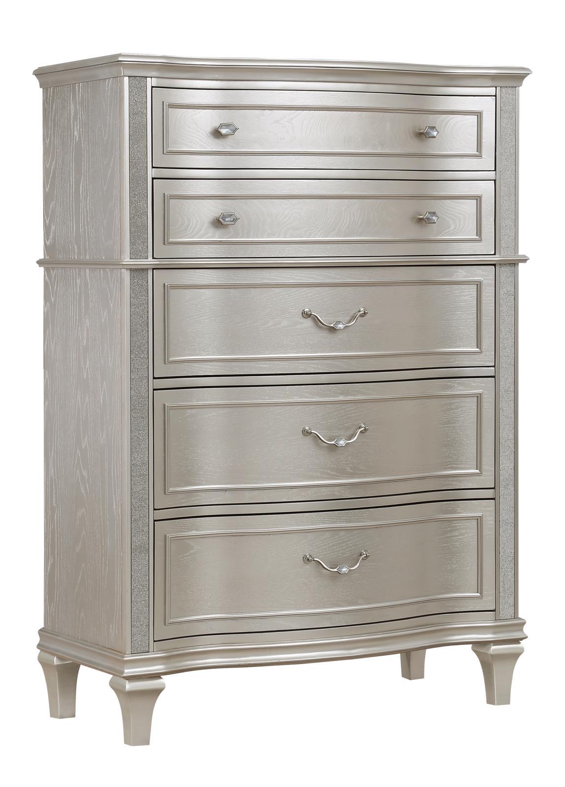 Close-up of silver oak finish and hexagon hardware on Evangeline chest