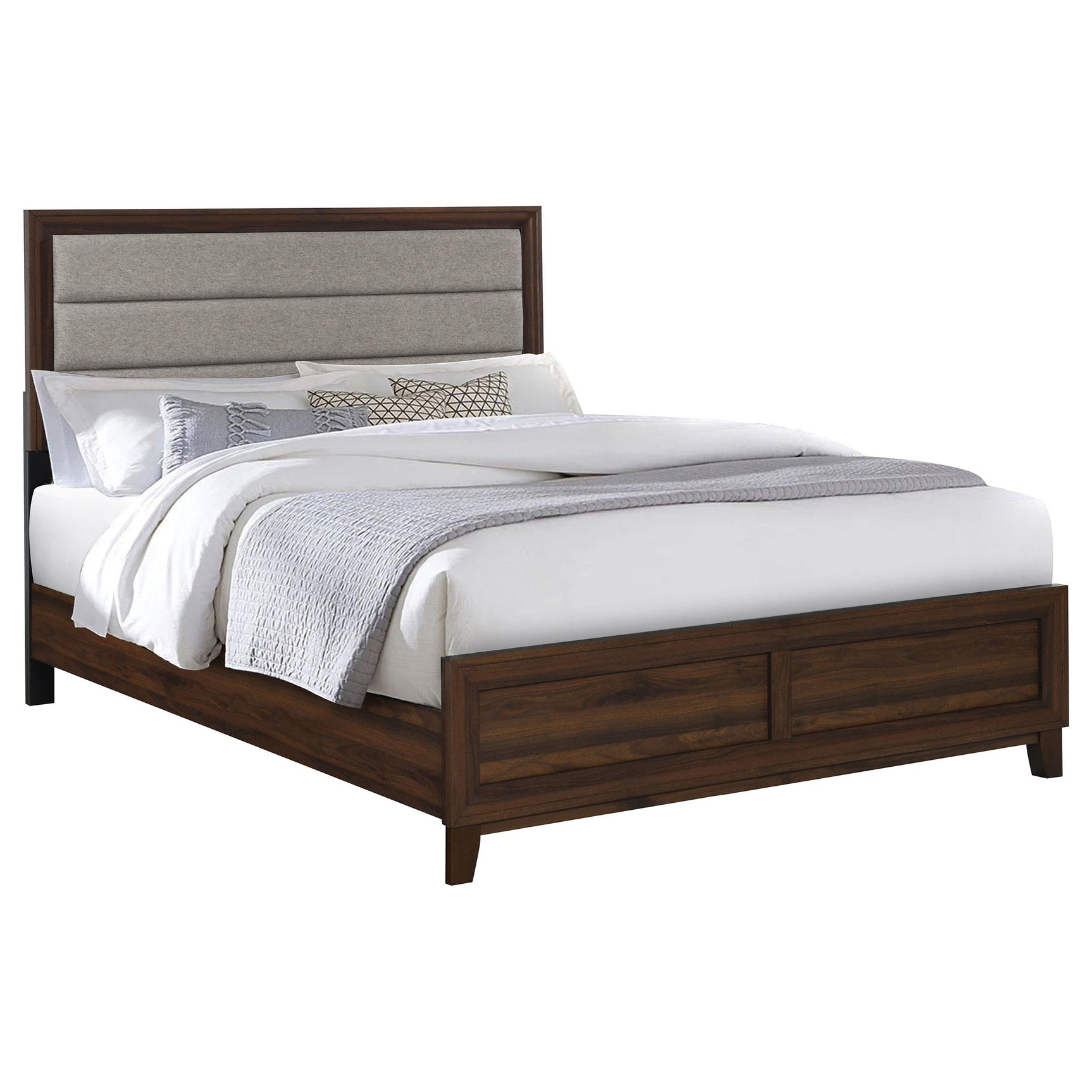 Side angle of Welsley Upholstered Eastern King Bed in walnut
