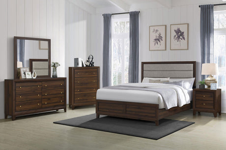 Full view of Welsley Upholstered Eastern King Bed walnut in bedroom
