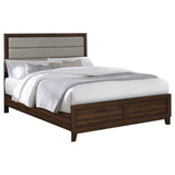 Side angle of Welsley walnut upholstered queen bed frame