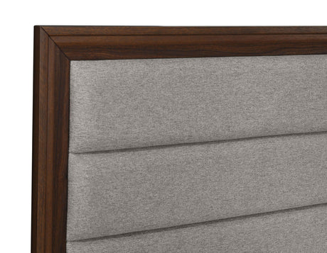 Walnut upholstered queen bed frame side profile