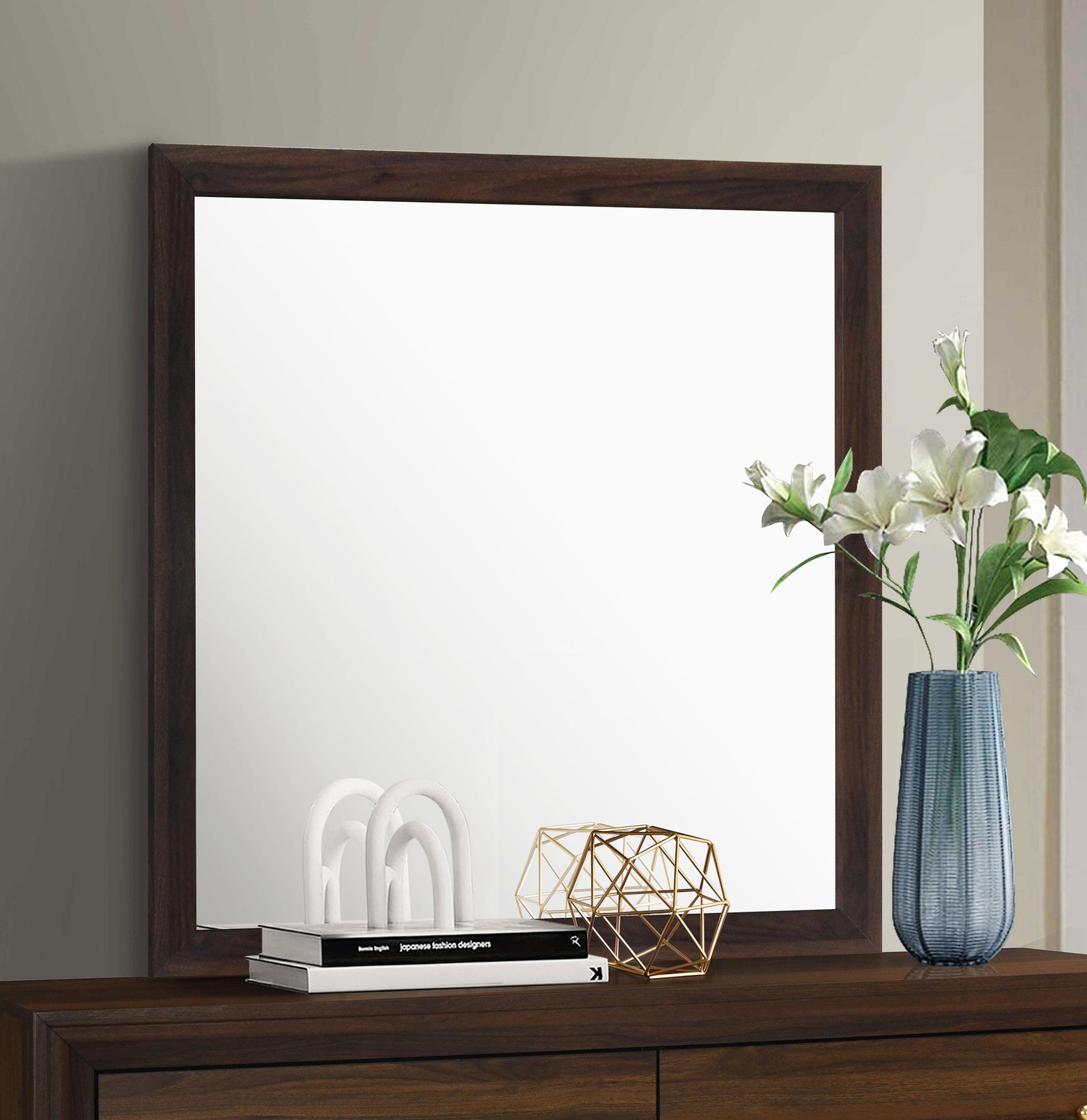Side view of Welsley walnut dresser mirror