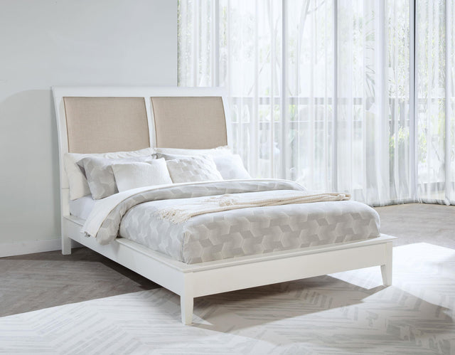 Side view of Bexhill 56-inch king upholstered panel bed with white fabric