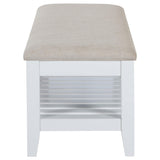 Bench installed in entryway with shoes on shelf