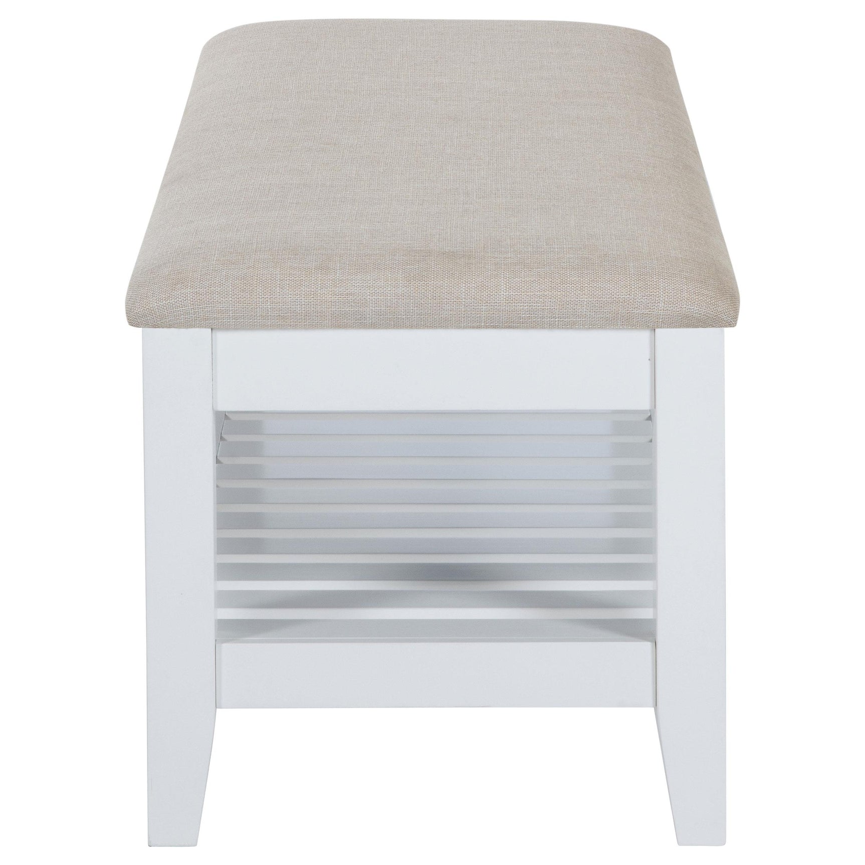 Bench installed in entryway with shoes on shelf