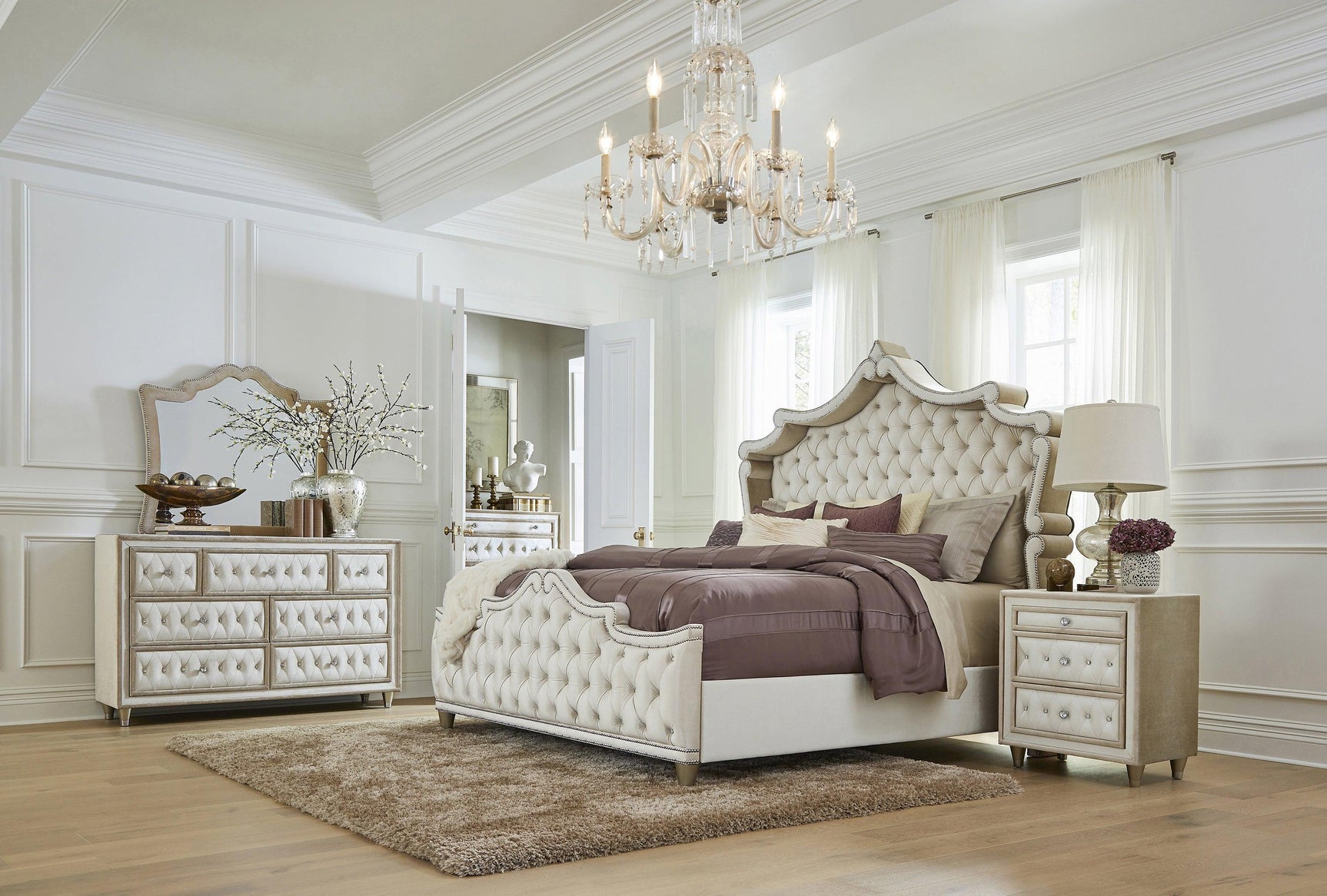 Antonella Upholstered Tufted Eastern King Bed Ivory and Camel - Side angle