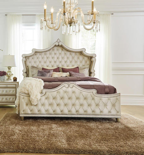 Antonella Upholstered Tufted Eastern King Bed Ivory and Camel - Headboard detail