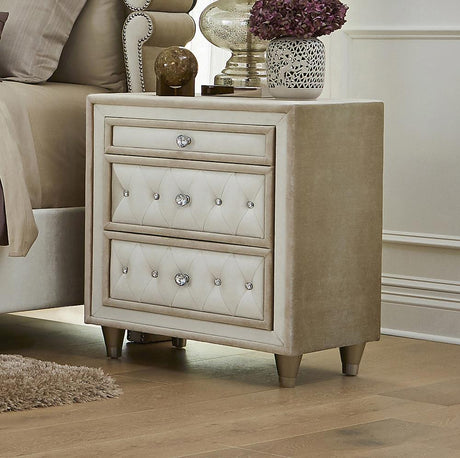 Antonella 3-drawer upholstered nightstand in ivory and camel, front view