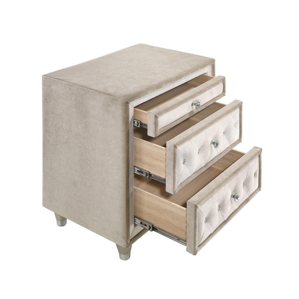 Close-up of Antonella nightstand drawer with crystal-like button tufting