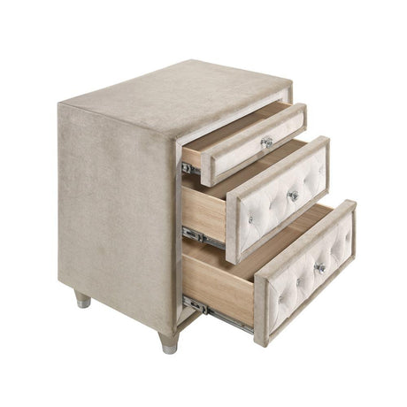 Close-up of Antonella nightstand drawer with crystal-like button tufting