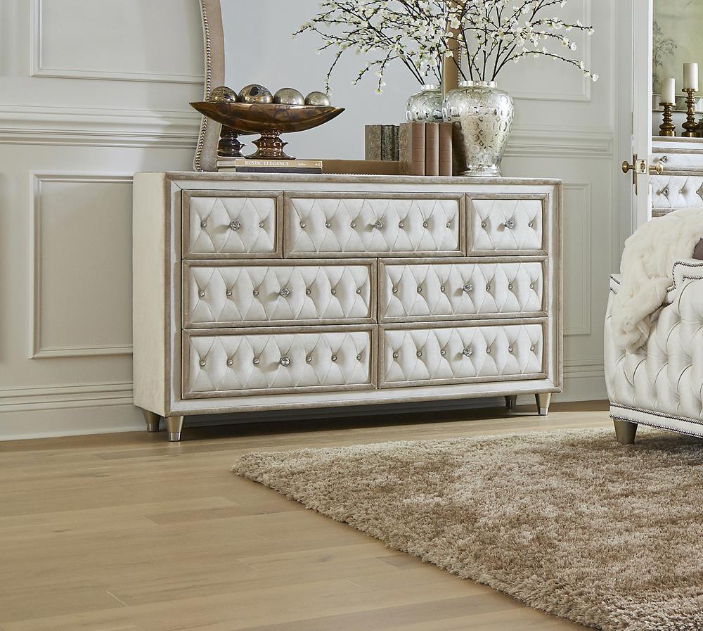 Antonella 7-Drawer Upholstered Dresser Ivory and Camel front angle