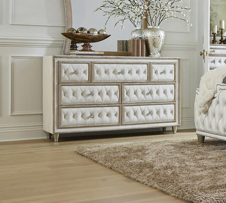 Antonella 7-Drawer Upholstered Dresser Ivory and Camel front angle
