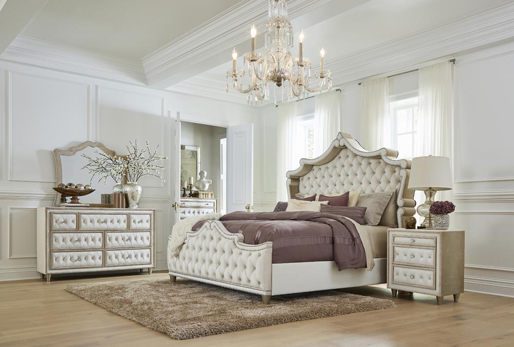 Antonella 7-Drawer Upholstered Dresser Ivory and Camel close-up of tufted upholstery