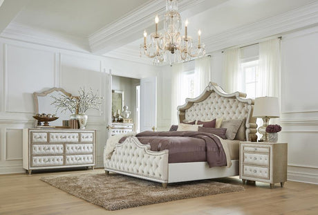 Antonella 7-Drawer Upholstered Dresser Ivory and Camel close-up of tufted upholstery