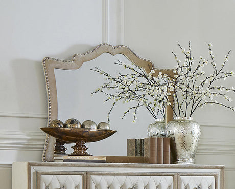 Antonella dresser mirror with camel upholstery and nailhead trim, front view
