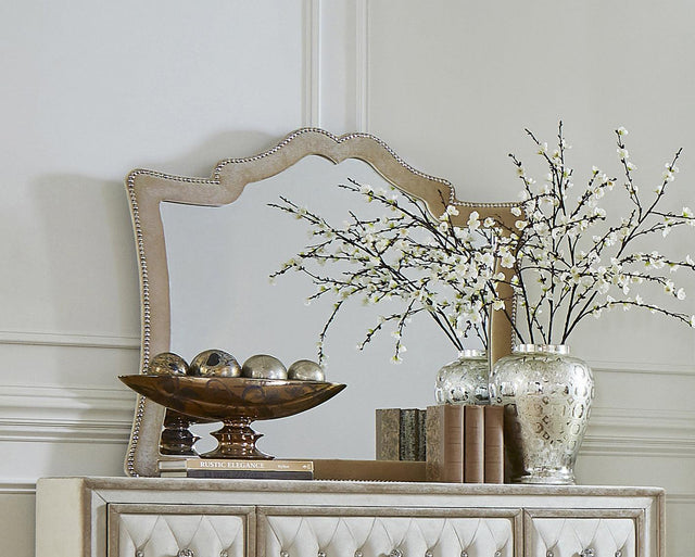 Antonella dresser mirror with camel upholstery and nailhead trim, front view