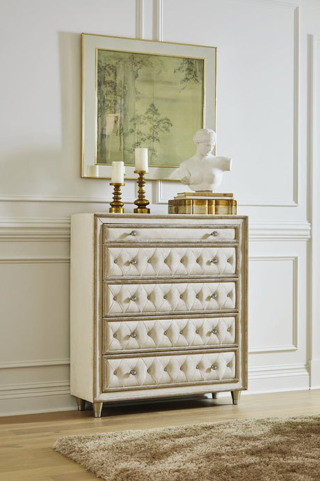 Antonella 5-Drawer Upholstered Chest front view in ivory and camel upholstery