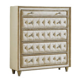 Side angle showing button tufting and tapered legs of Antonella 5-Drawer Chest