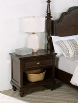 Side angle of Andover dark oak nightstand showing drawer detail