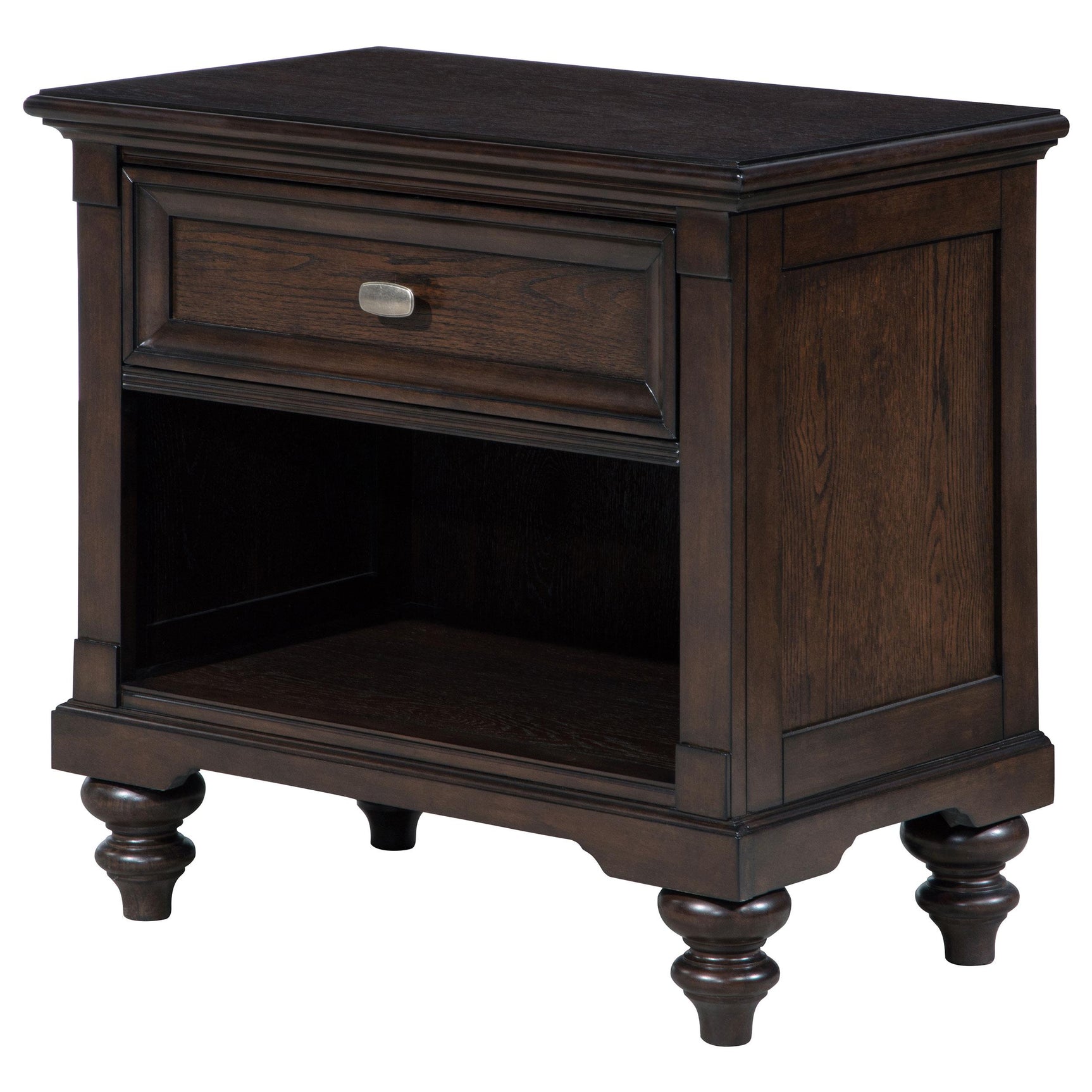 Top view of Andover nightstand surface in dark oak finish
