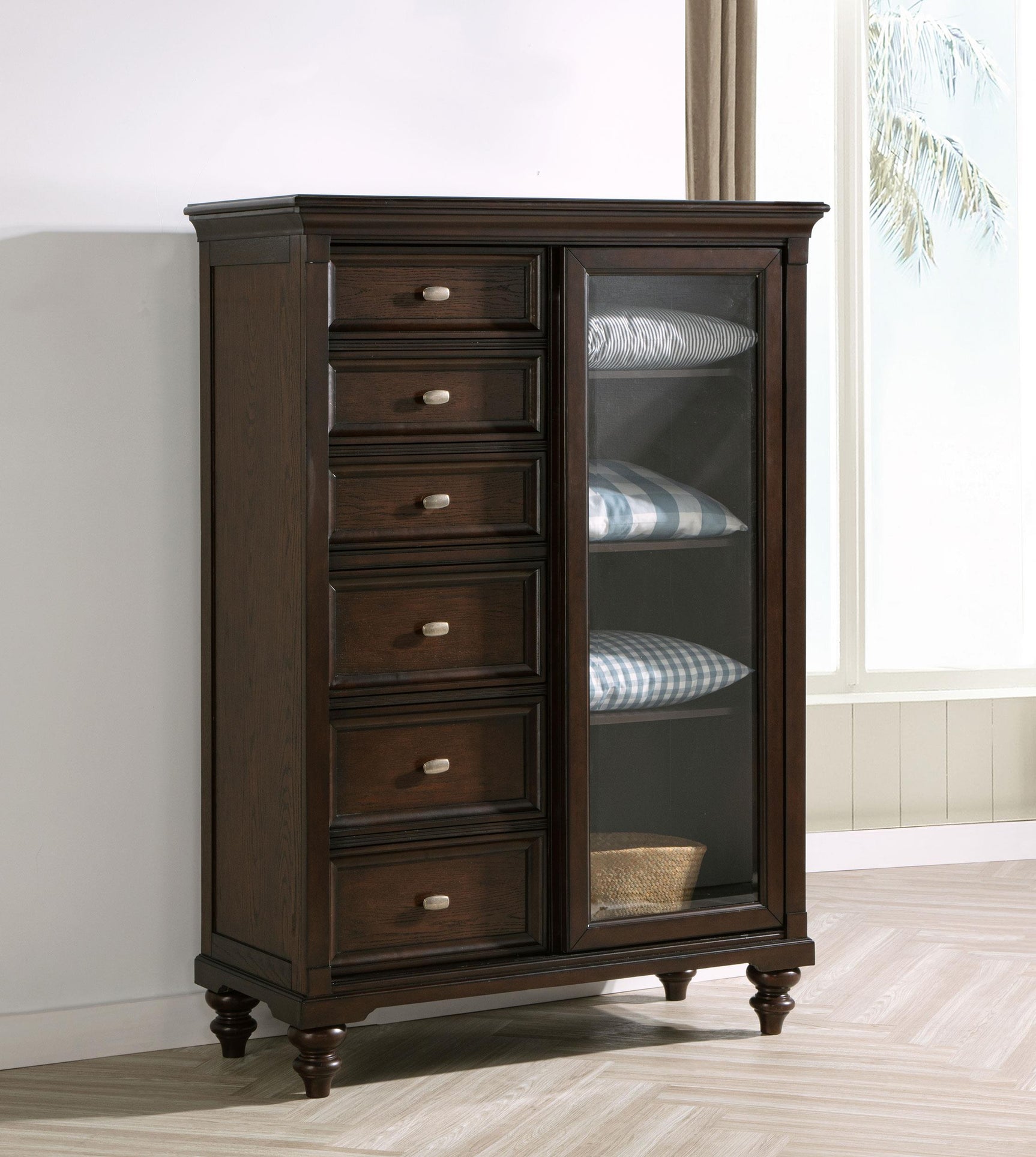 Side angle of Andover chest showing dark oak finish and drawer detail