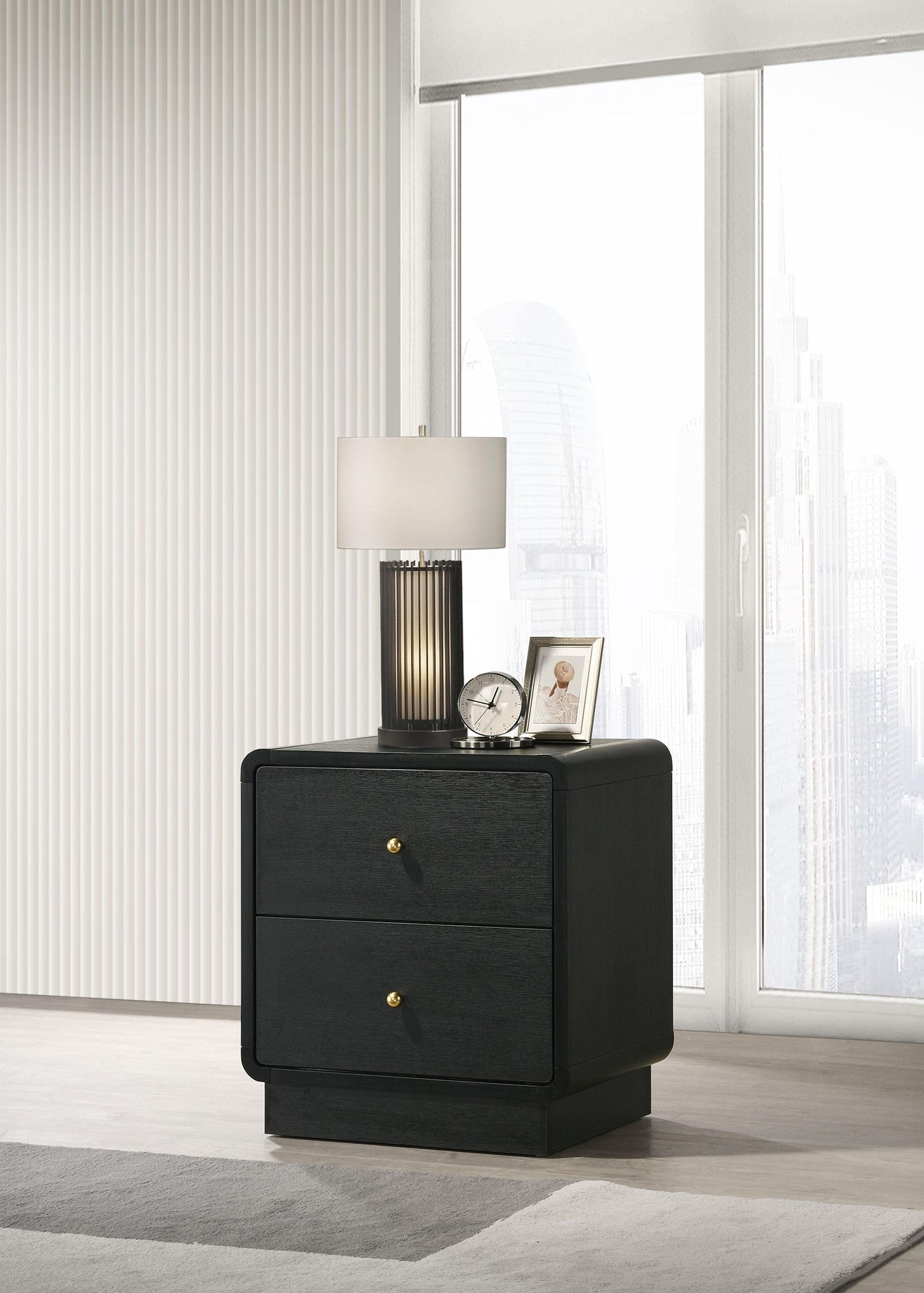 Side angle of Cavelle black 2-drawer nightstand