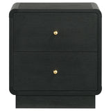 Open drawer detail of Cavelle nightstand showing metal glide