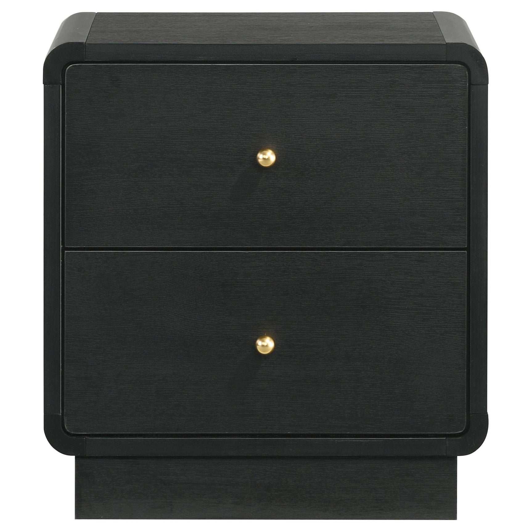 Open drawer detail of Cavelle nightstand showing metal glide