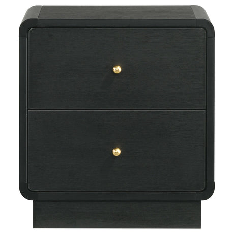 Open drawer detail of Cavelle nightstand showing metal glide