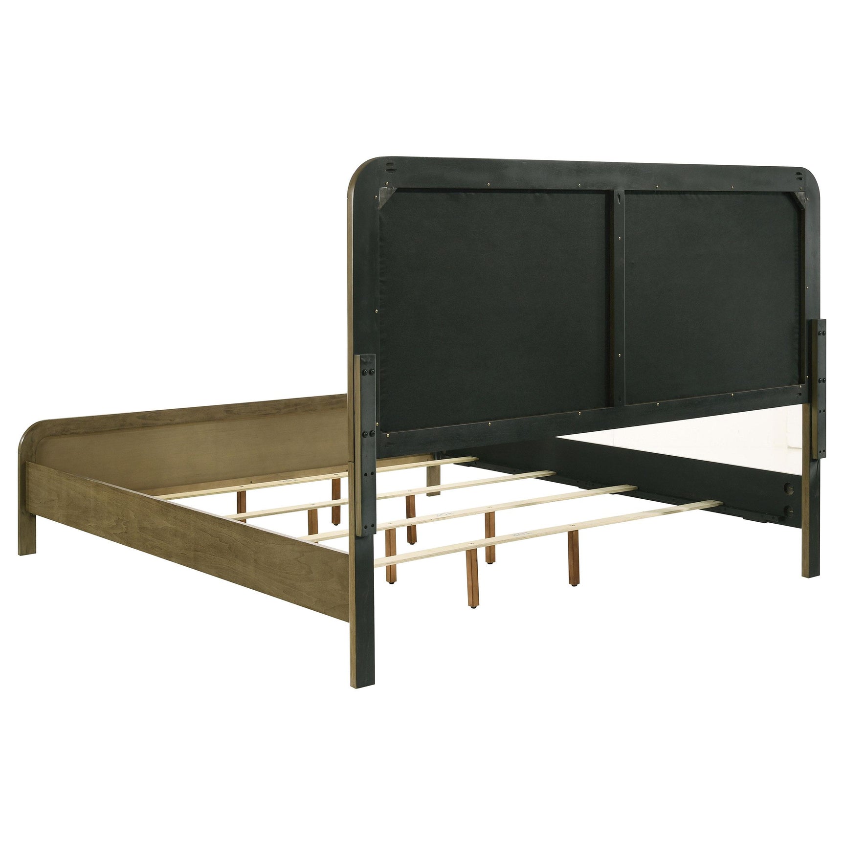 Platform bed frame and construction in nutmeg finish