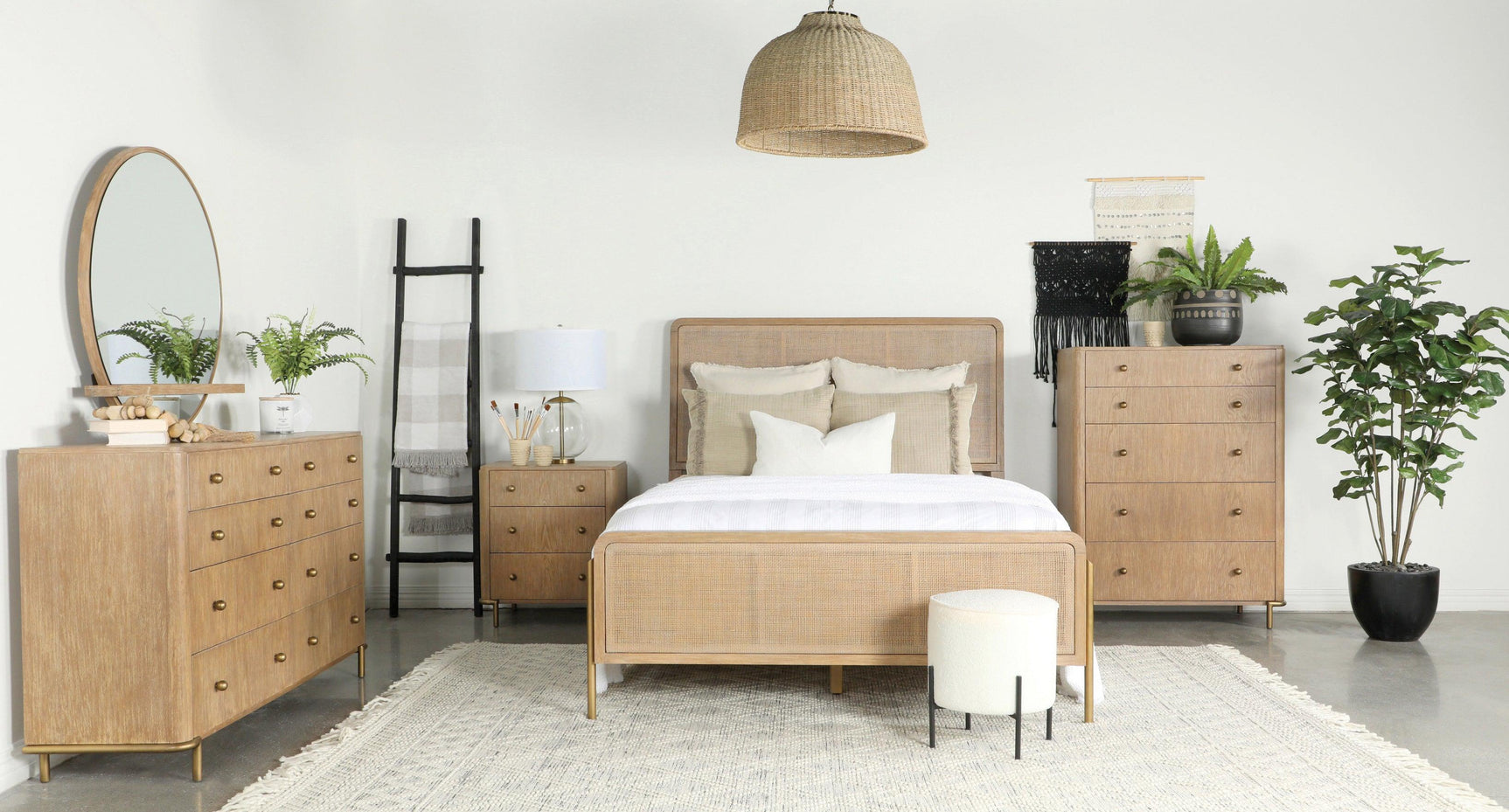 Close-up of wire-brushed sand wash wood frame on Arini Round Dresser Mirror