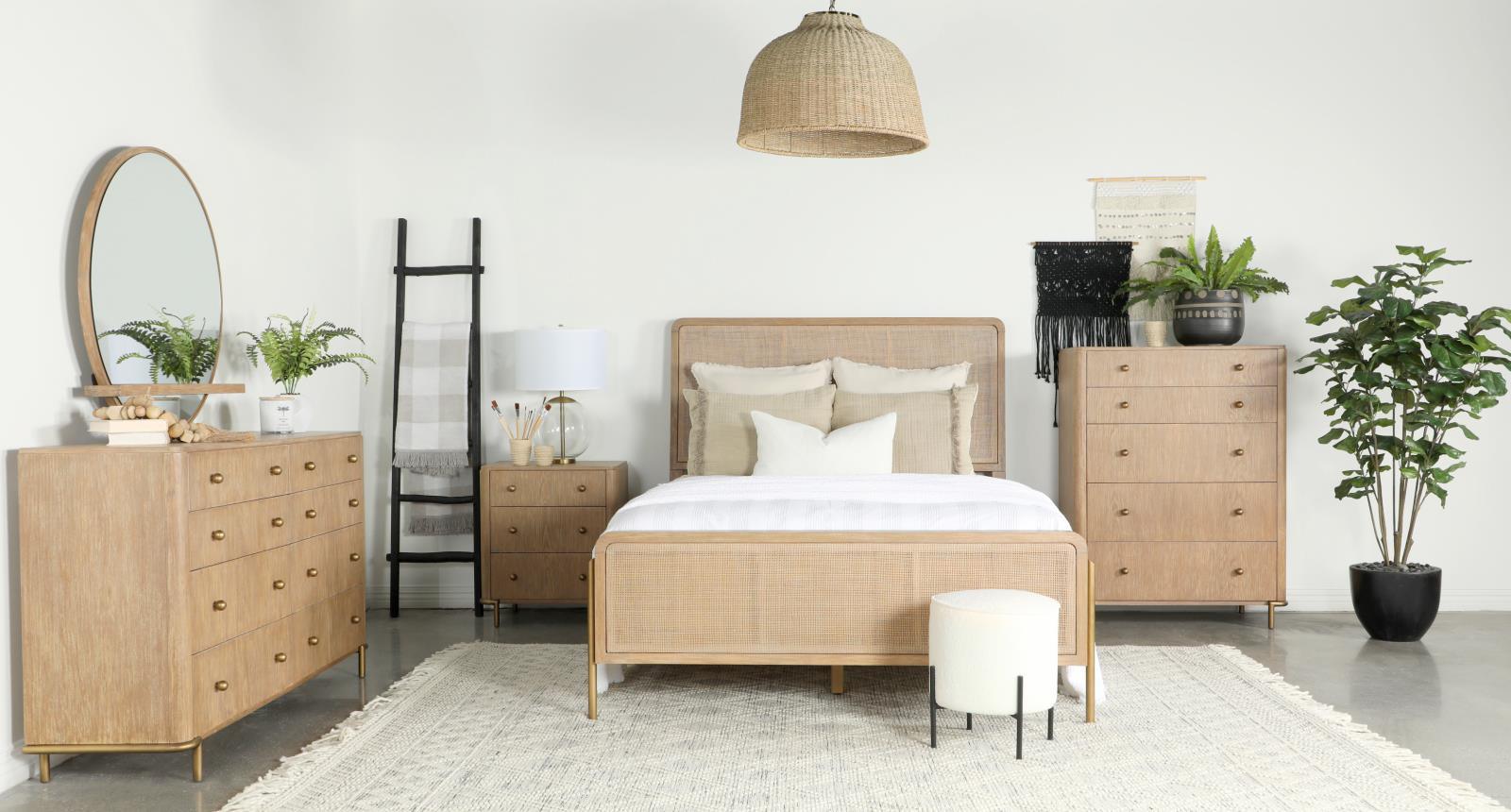 Arini Upholstered Queen Panel Bed Sand Wash And Natural Cane - Ella Furniture