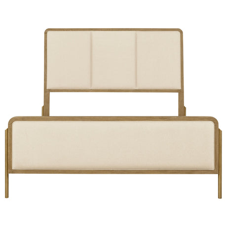 Side angle of Arini Eastern King Panel Bed showing wire-brushed wood finish
