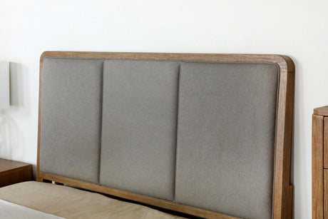 Arini Upholstered Eastern King Panel Bed in Sand Wash and Grey, side view