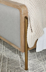 Arini Upholstered Eastern King Panel Bed in Sand Wash and Grey, headboard close-up