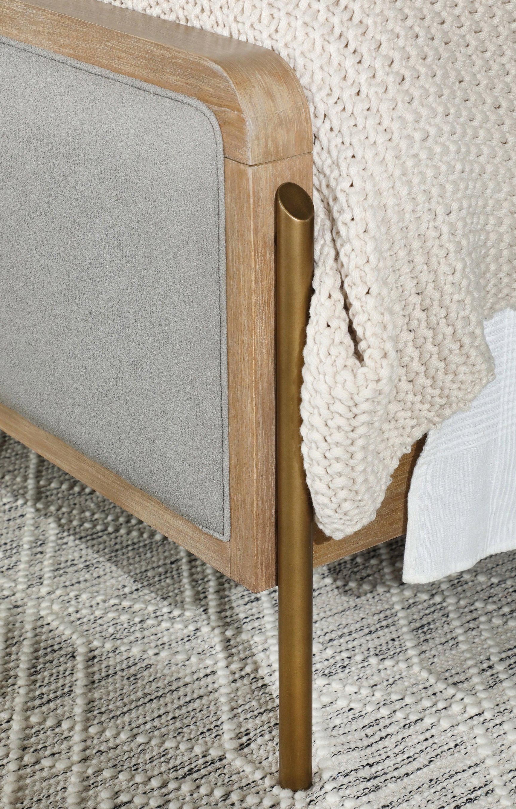 Arini Upholstered Eastern King Panel Bed in Sand Wash and Grey, headboard close-up