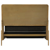 Detail of wire-brushed ash veneer and fabric upholstery