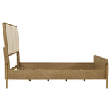 Bed footboard with cream fabric and black edge frame