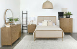 Side profile of Arini queen bed with fabric upholstery