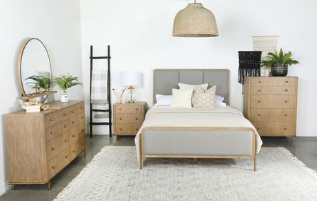 Arini Upholstered Eastern King Panel Bed in Sand Wash and Grey, angled view