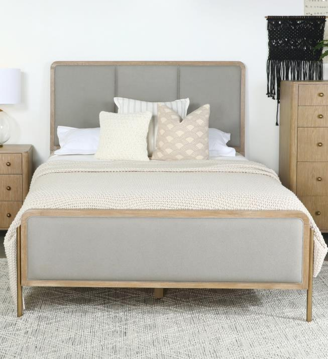 Arini Upholstered Eastern King Panel Bed in Sand Wash and Grey