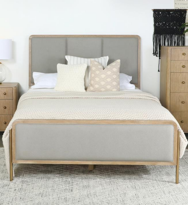 Arini Upholstered Eastern King Panel Bed in Sand Wash and Grey