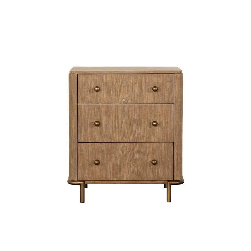 Side angle of Arini 3-Drawer Nightstand with aged brass knobs