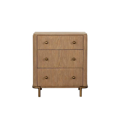 Side angle of Arini 3-Drawer Nightstand with aged brass knobs