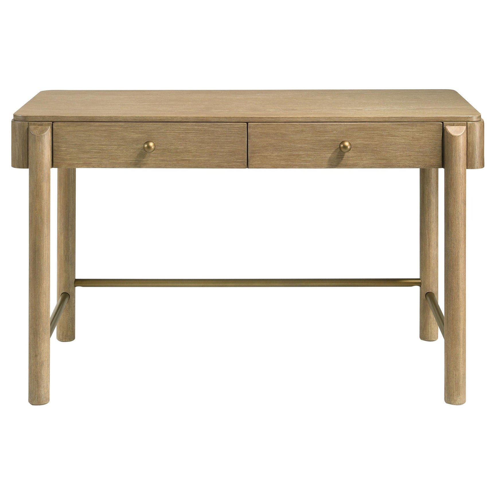 Side angle of Arini vanity table showing drawer and gold-finished metal ball knob