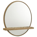 Wall-mounted round mirror with jewelry tray beneath
